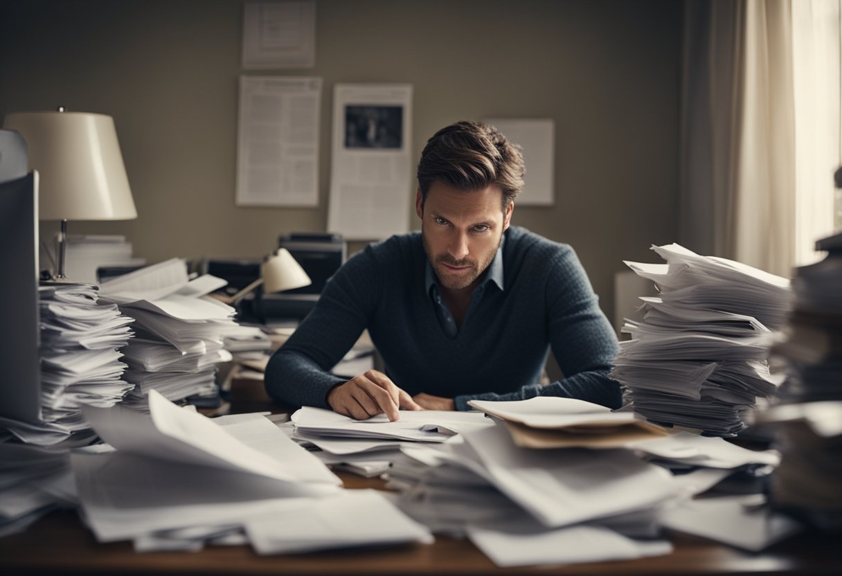 A person sitting at a cluttered desk, surrounded by papers and bills. They are visibly stressed, with a furrowed brow and a look of concern as they avoid addressing important financial planning documents