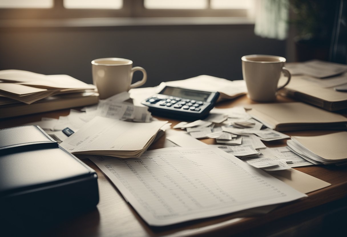 A cluttered desk with scattered financial documents, an untouched retirement planning book, and a calendar with missed deadlines