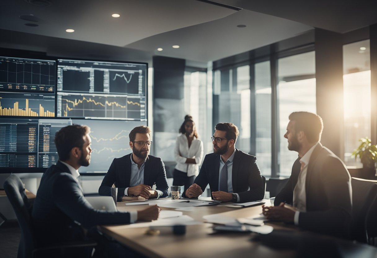 A group of investors discussing potential risks and rewards of angel investing in a modern office setting with charts and graphs on the walls