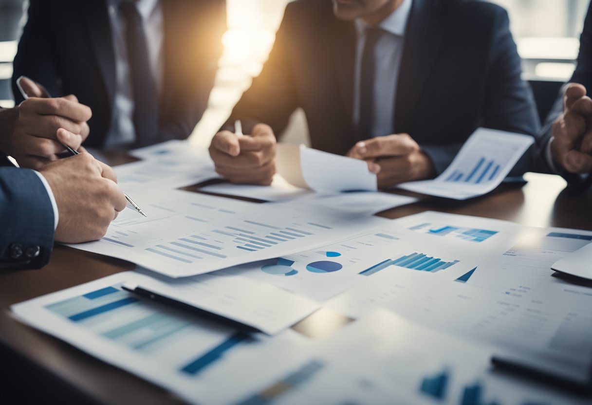 A group of investors discussing potential investments, looking at financial reports and charts, brainstorming ideas, and sharing insights