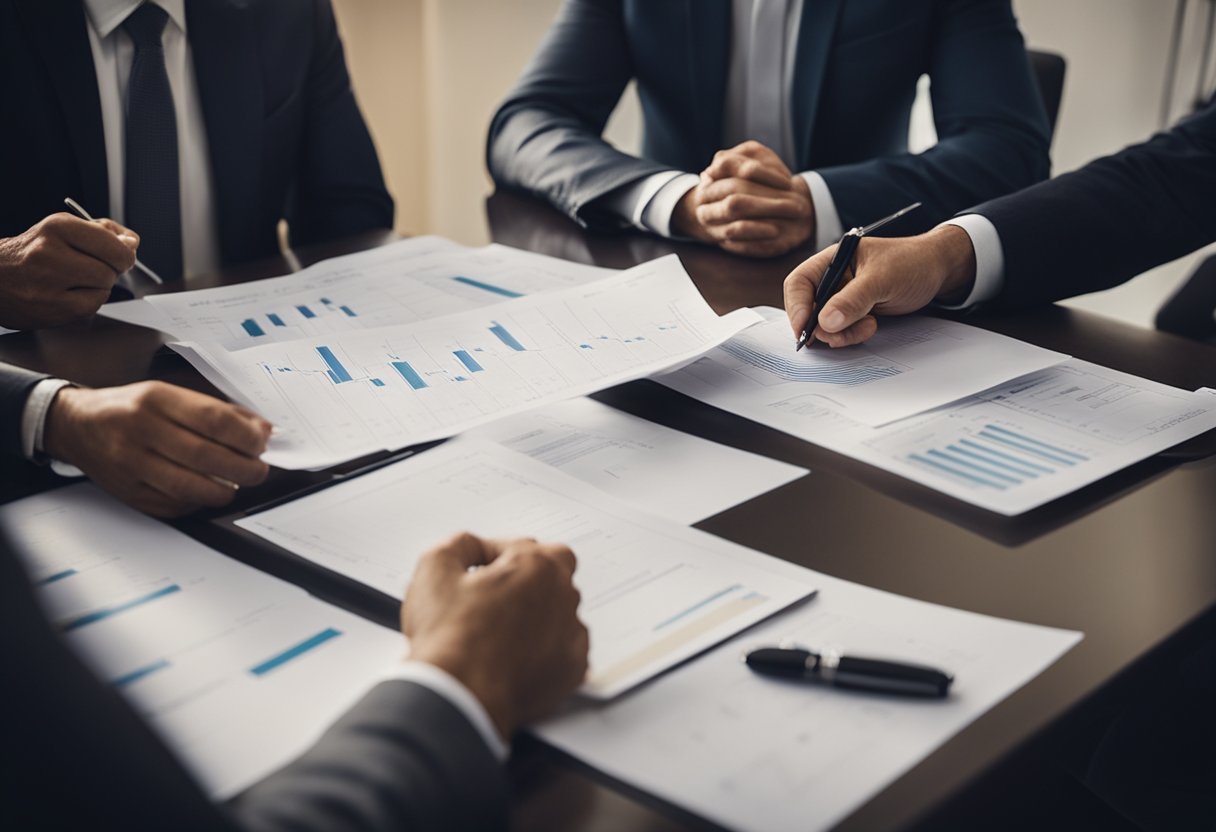 A group of investors discussing legal and tax implications, with documents and charts spread out on a conference table
