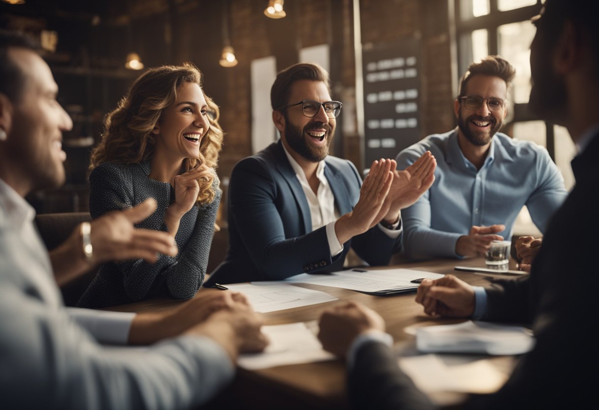 A group of entrepreneurs celebrate as they receive funding from angel investors, with charts and graphs showing their company's growth in the background