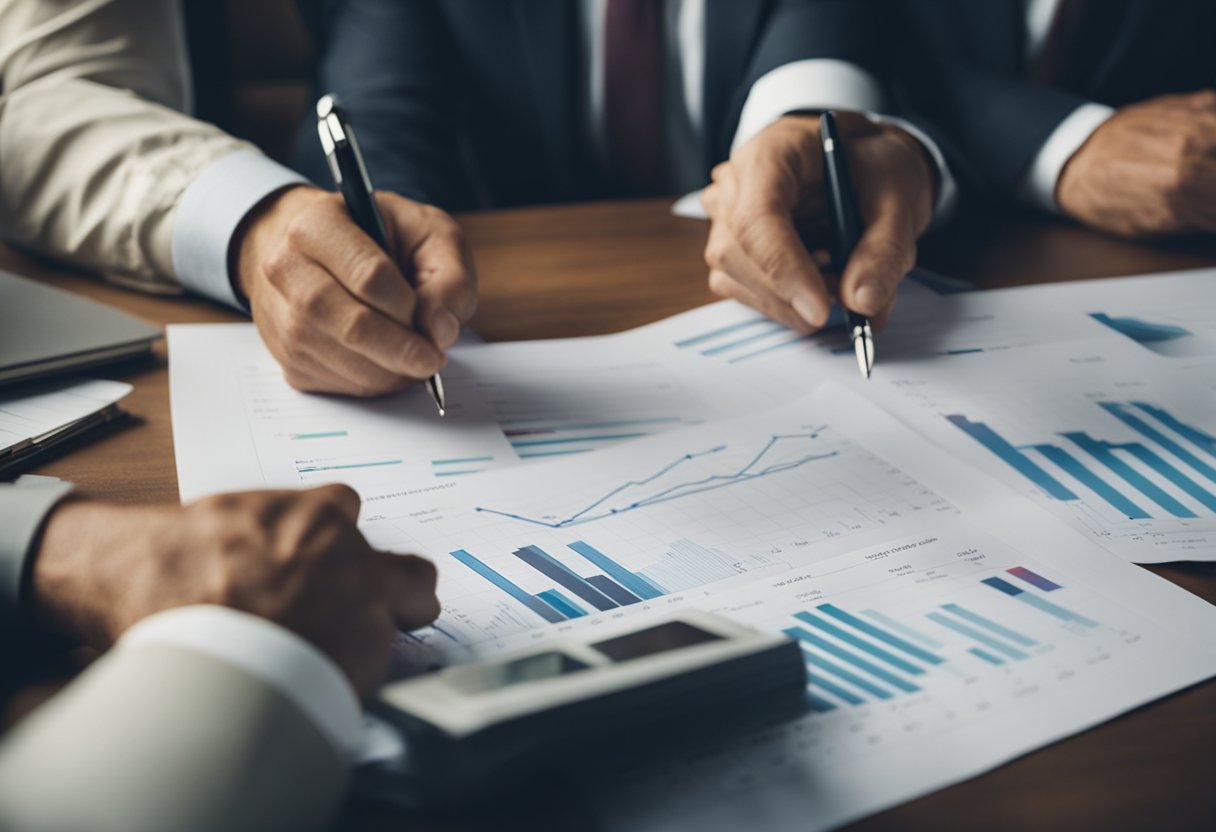 A group of investors gather around a table, exchanging ideas and reviewing documents. Charts and graphs are spread out, indicating financial analysis and potential investment opportunities