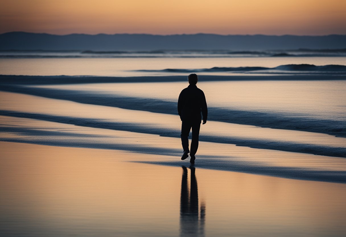 A serene beach at sunset, with a lone figure walking along the shore, gazing out at the horizon, symbolizing the importance of setting clear retirement goals