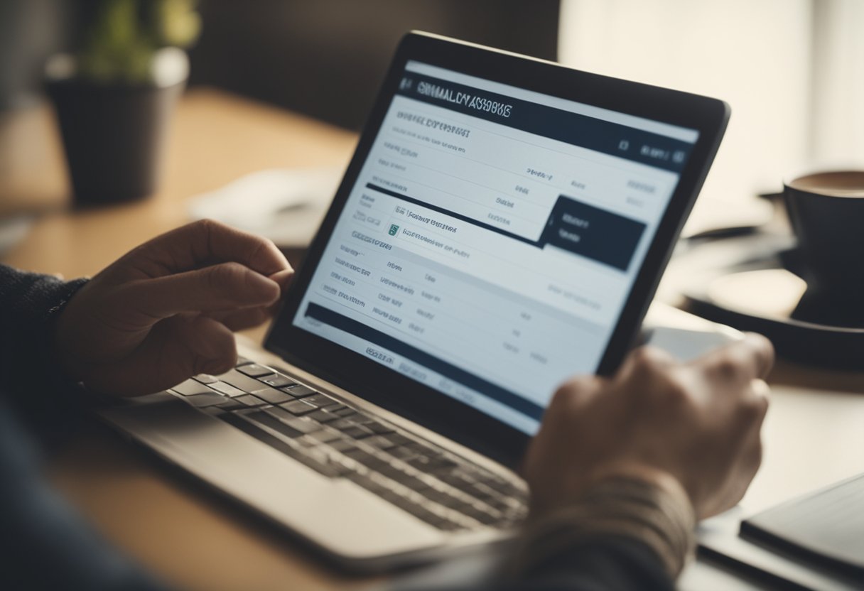 A person reviewing bills and budget, crossing out expenses, and making a debt payment online