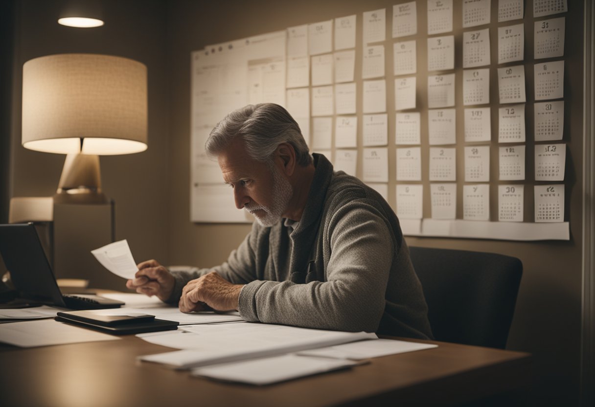 A person sits at a desk with papers and a computer, reviewing healthcare and long-term care options. A calendar on the wall shows retirement planning dates