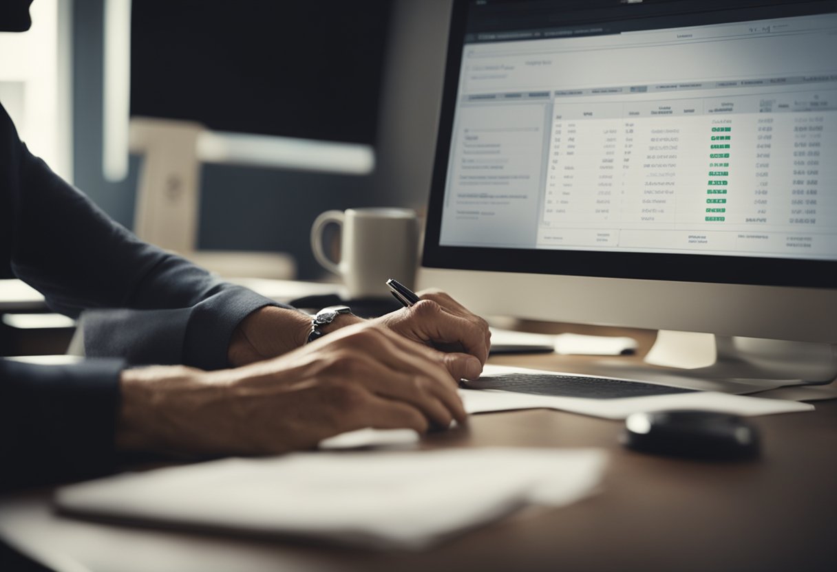 A person sitting at a desk, reviewing financial documents and adjusting a retirement plan. A computer screen displays a financial monitoring tool