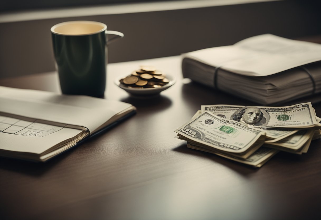 A table with a pile of cash, a calendar, and a retirement savings plan booklet