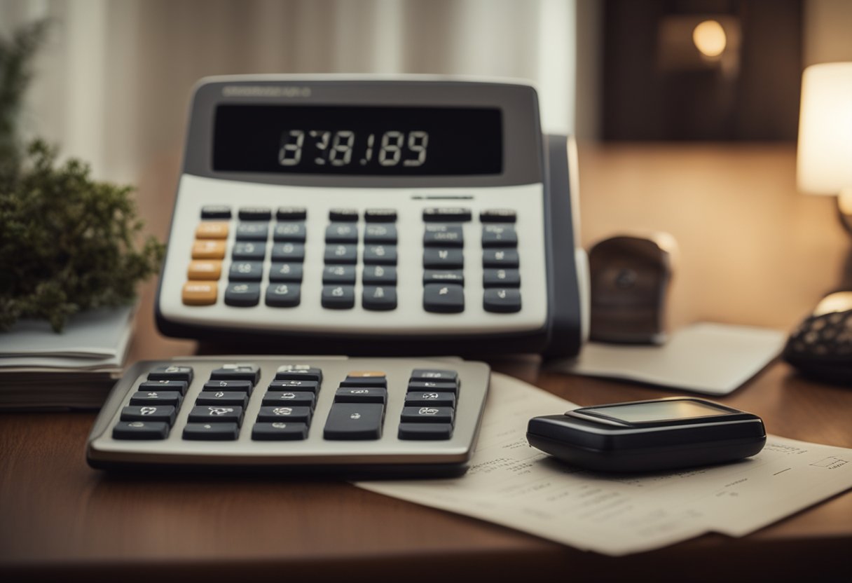 A cozy living room with a calculator, financial documents, and retirement savings plan on a table. A calendar on the wall marks the passage of time