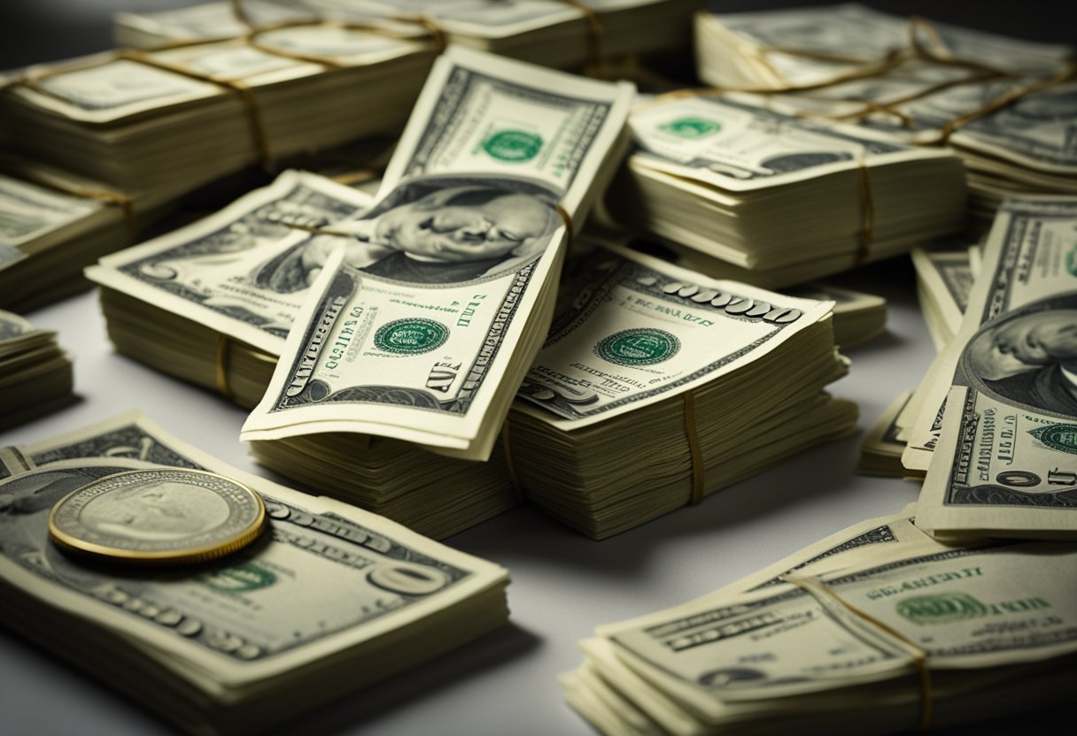 A stack of dollar bills totaling $500,000 sits on a table, surrounded by retirement planning documents and calculators. A calendar with the word "retirement" highlighted hangs on the wall
