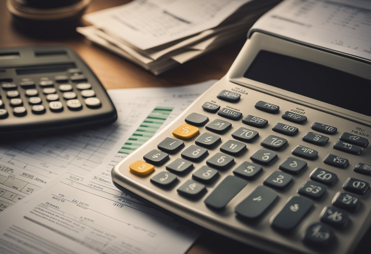A stack of money with a retirement calculator and a calendar, surrounded by financial documents and graphs