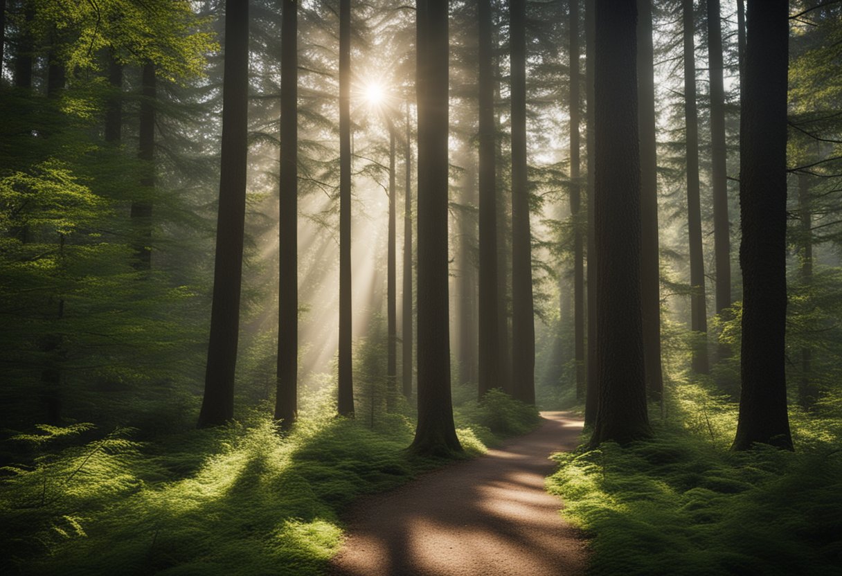A lush forest of tall trees, with sunlight filtering through the canopy. A clear path winds through the timberland, leading to a sign that reads "Timberland Investment."