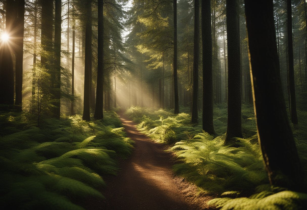 A lush forest with tall, straight trees and a clear-cut path through the timberland. Sunlight filters through the dense canopy, creating dappled patterns on the forest floor