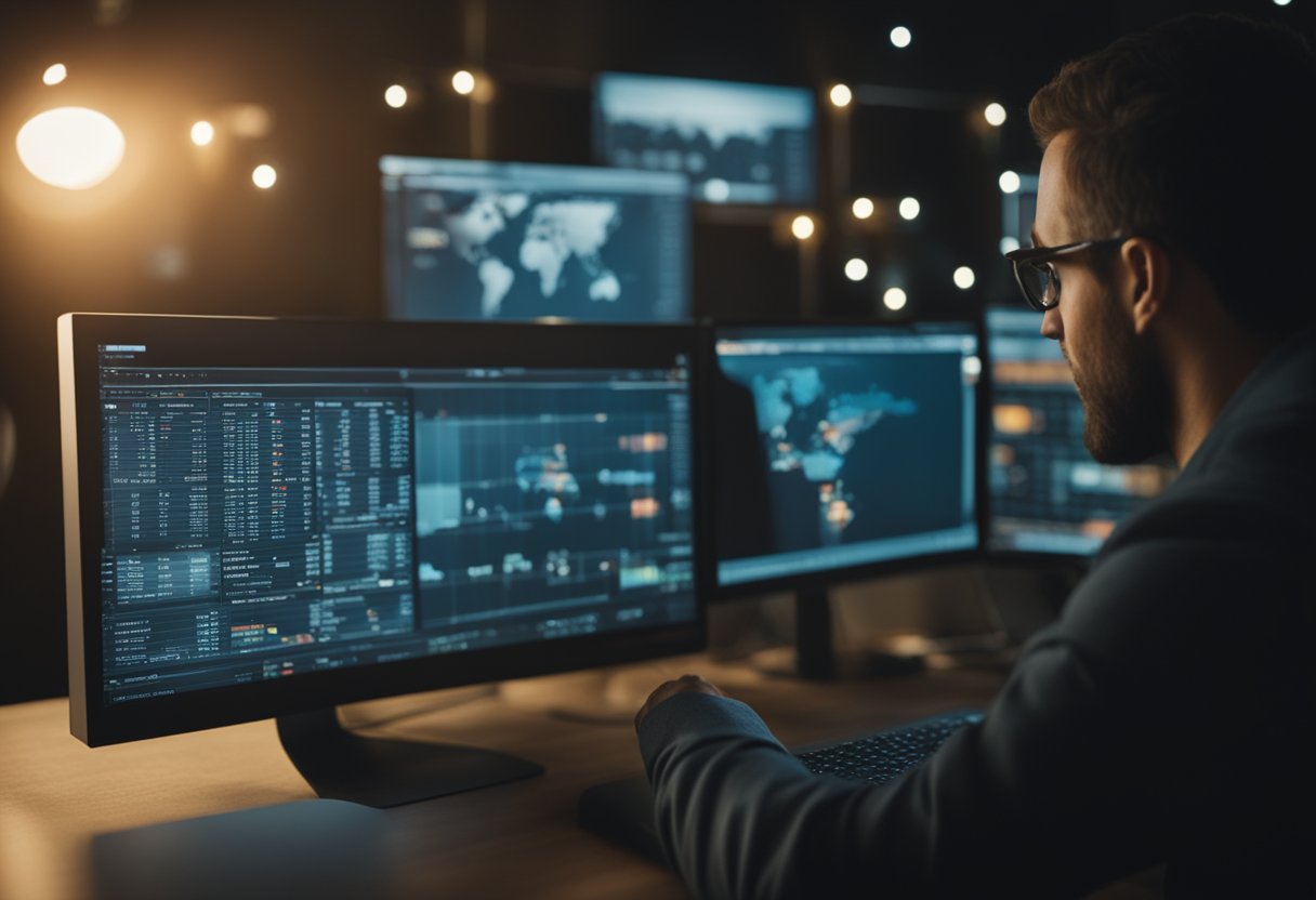 A computer screen displaying various NFT collections, with a person researching and analyzing market trends and investment strategies