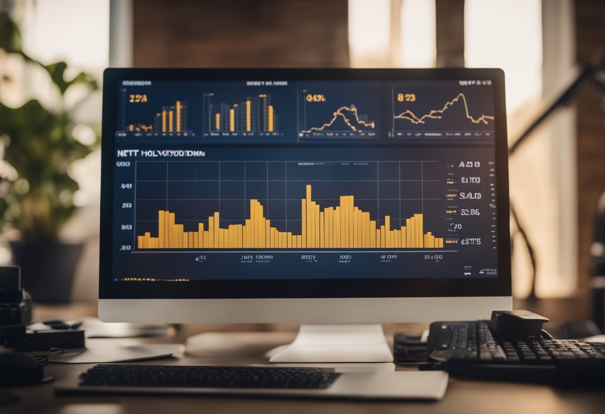 A stack of digital assets, including NFTs and cryptocurrency, displayed on a digital screen with charts and graphs in the background