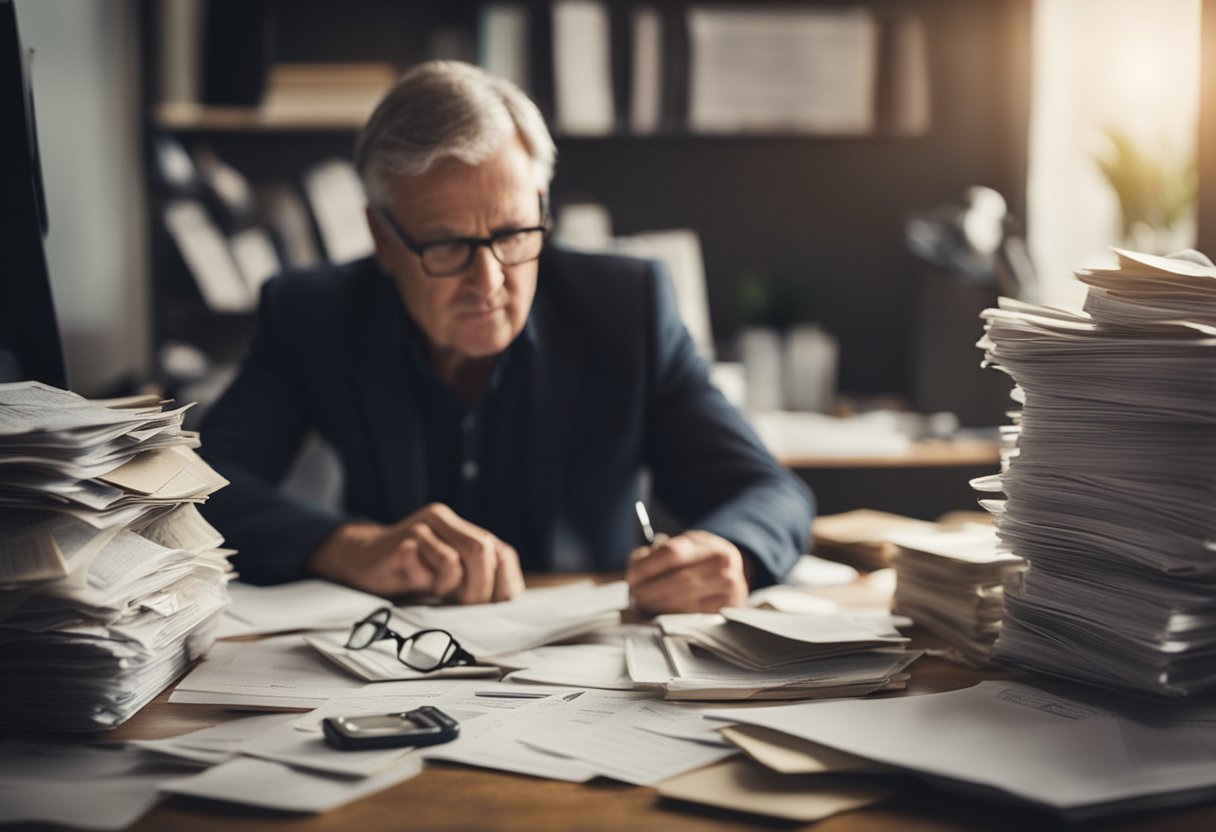 A person sitting at a cluttered desk, surrounded by bills and financial documents, looking stressed and overwhelmed as they try to plan for retirement