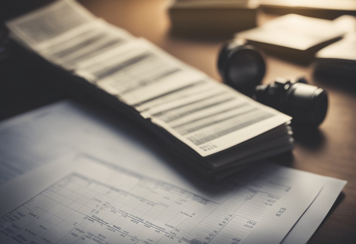 A table with scattered financial documents, a confused expression, and a graph showing rising costs
