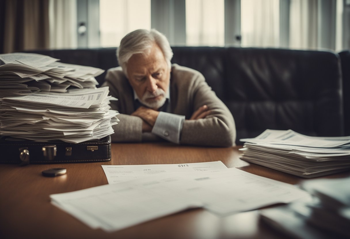 A worried individual surrounded by bills and financial documents, with a calendar showing the approaching retirement date
