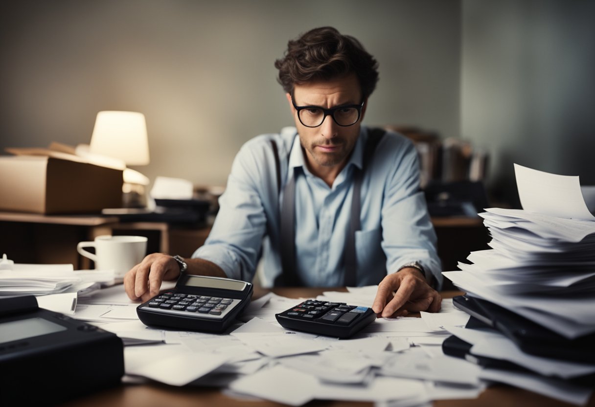 A cluttered desk with scattered papers, a confused expression on a person's face, and a calculator with a puzzled look