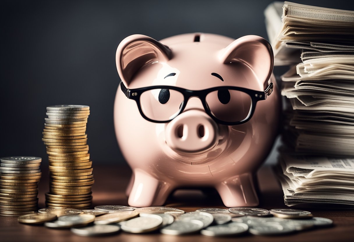 A piggy bank overflowing with coins, surrounded by stacks of tax lien investment documents and a calendar showing regular deposit dates