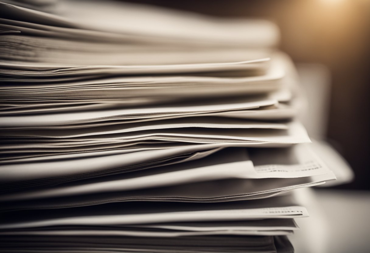 A stack of tax lien documents towering over a worried individual, symbolizing the challenges faced by people over 40 in tax lien investing