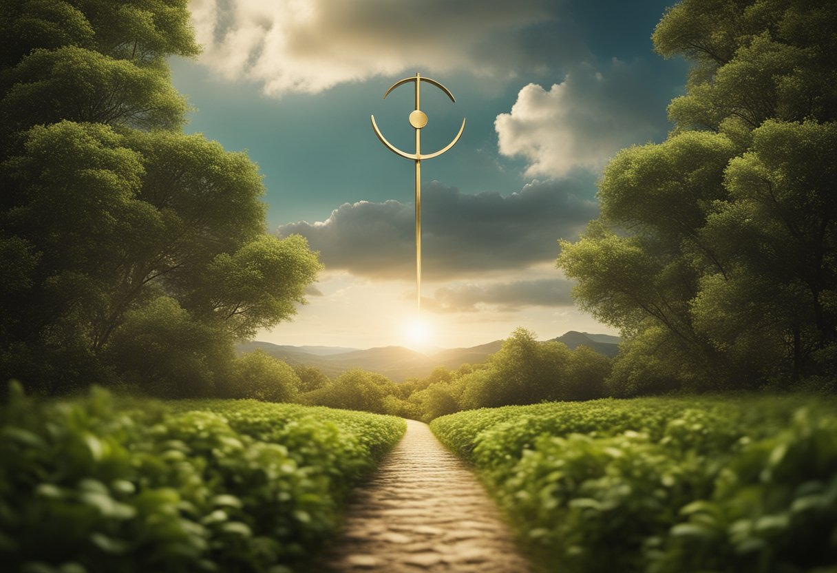 A serene landscape with a clear pathway leading to a golden rule symbol, surrounded by flourishing greenery and a bright, hopeful sky