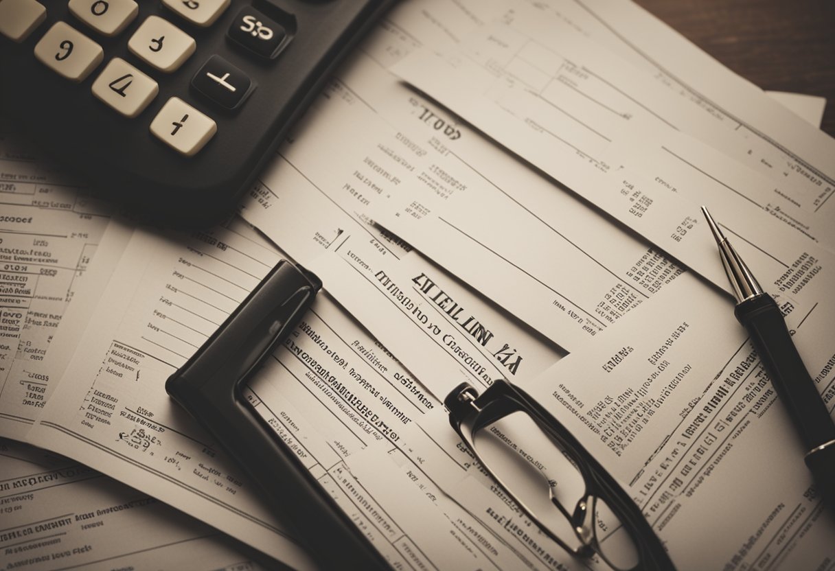 A stack of tax lien certificates surrounded by financial documents and a calculator on a desk