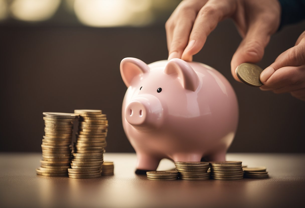 A person placing coins in a piggy bank labeled "Retirement Fund" while reading a financial planning book titled "Golden Rule of Retirement."