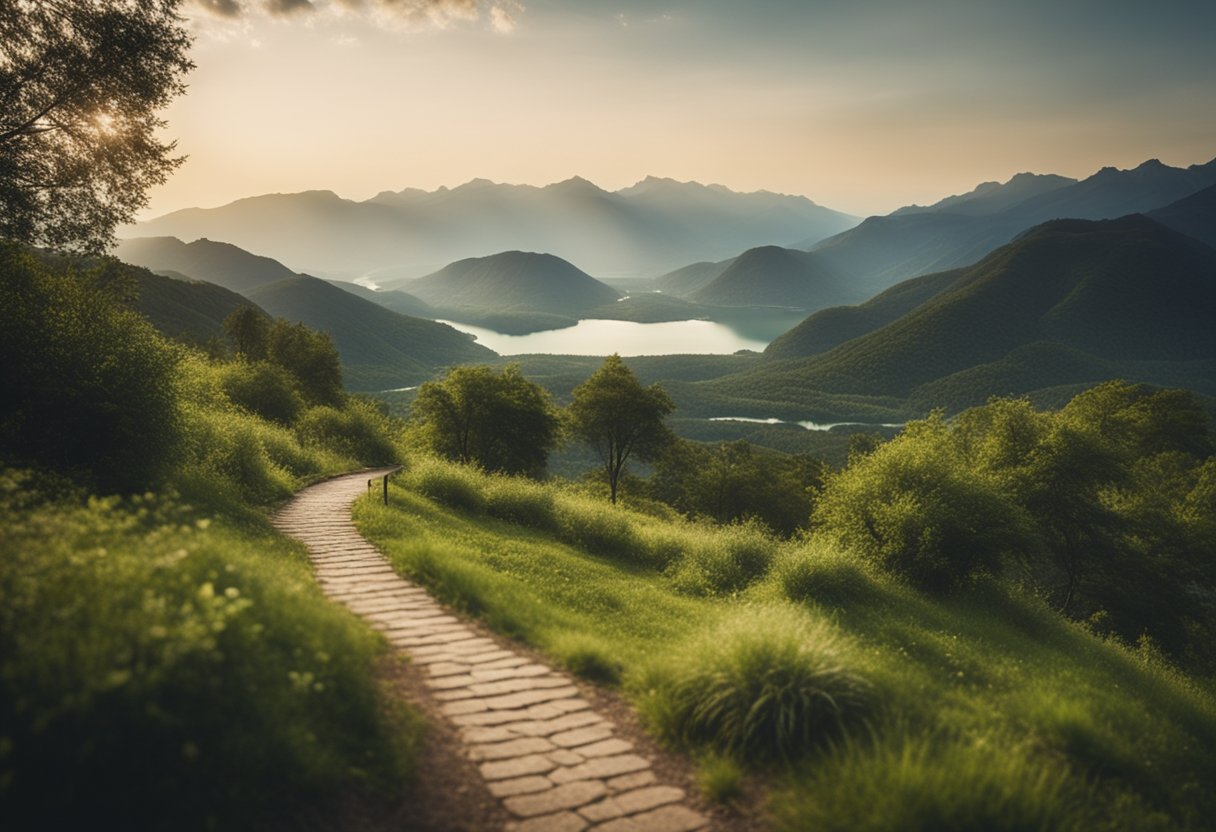 A serene landscape with a winding path leading to a tranquil lake, surrounded by lush greenery and towering mountains in the distance