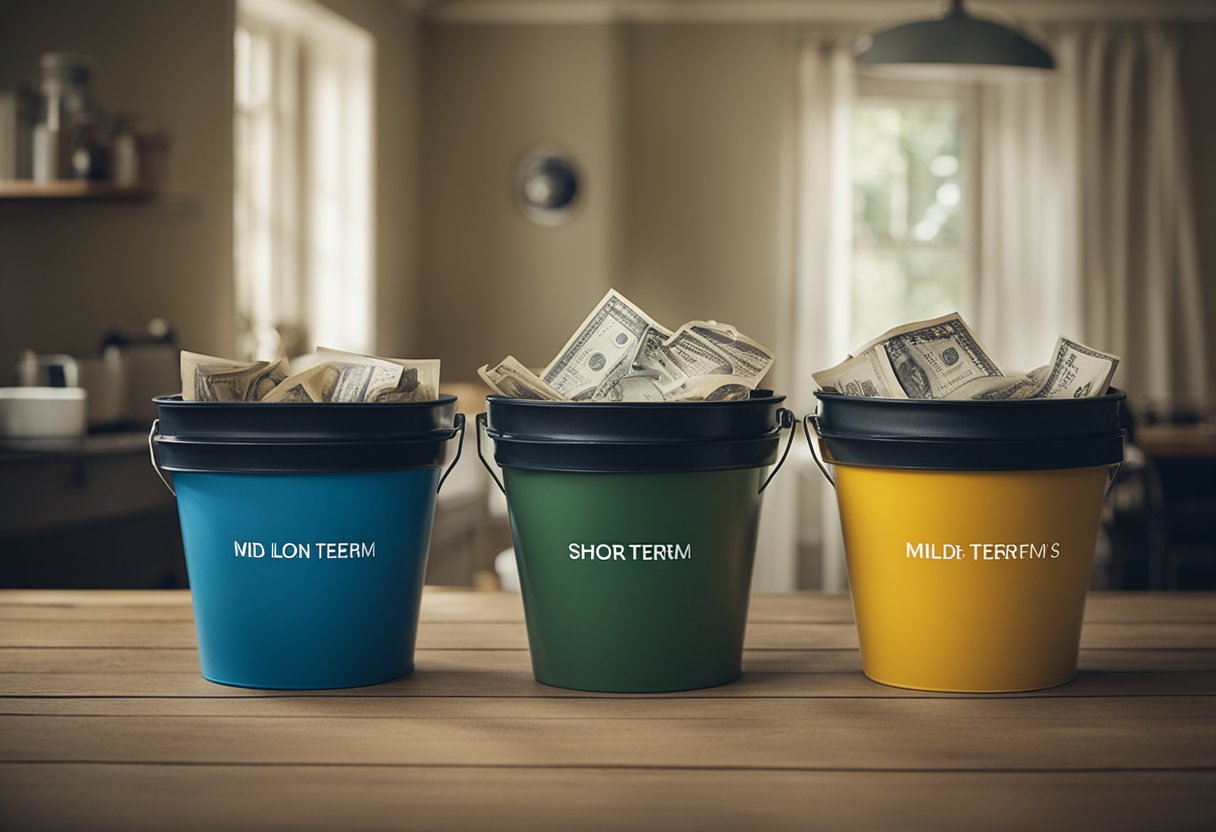 A table with three labeled buckets: "Short-term", "Mid-term", "Long-term". Each bucket filled with various investments like stocks, bonds, and real estate