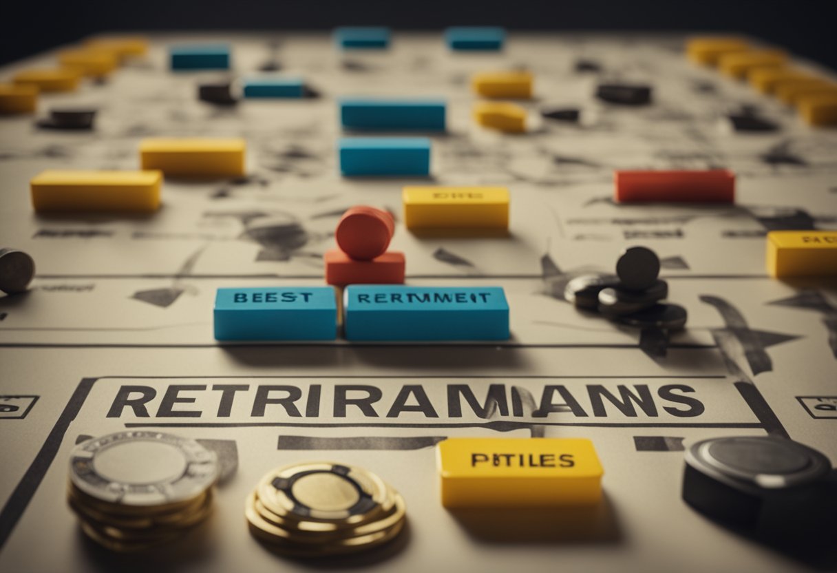 A table with various retirement savings options and pitfalls, surrounded by caution signs and arrows pointing to the best strategy