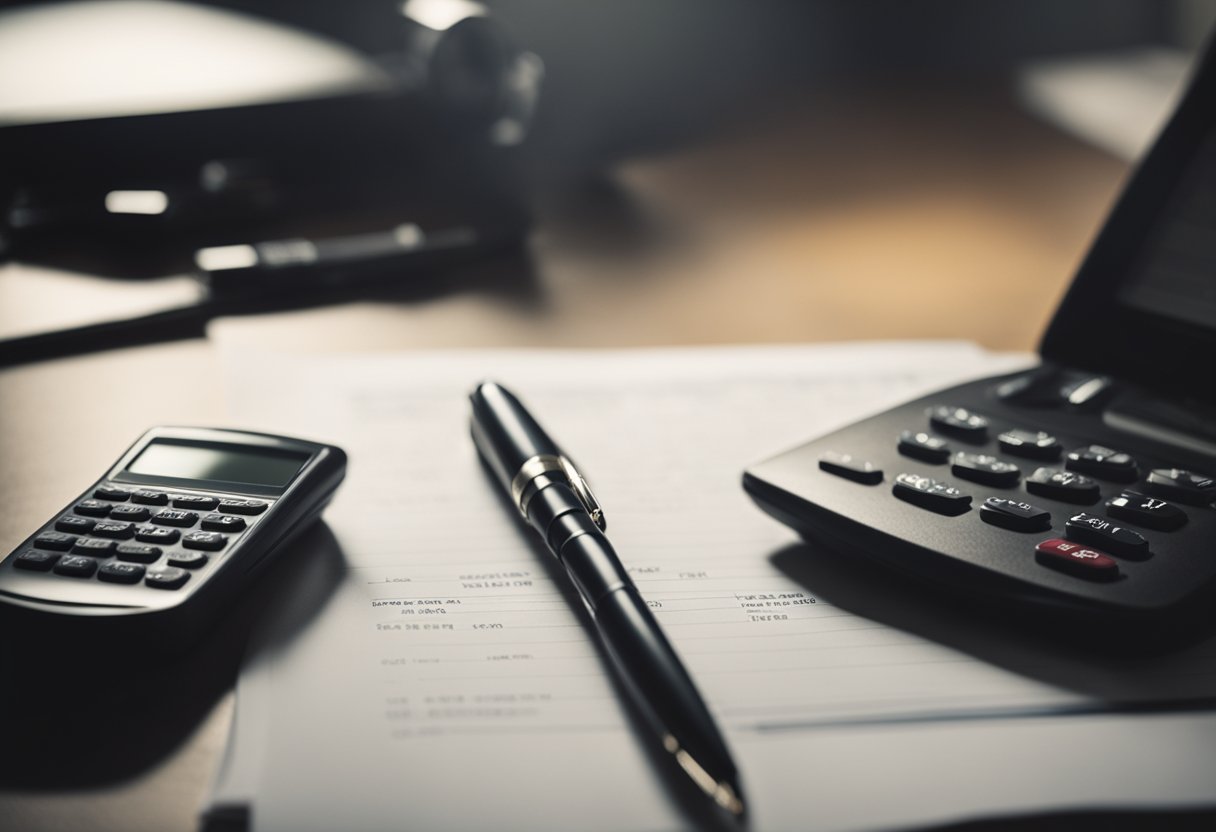 A desk with a laptop and financial reports. A pen and notepad sit nearby. A phone and calculator are also on the desk