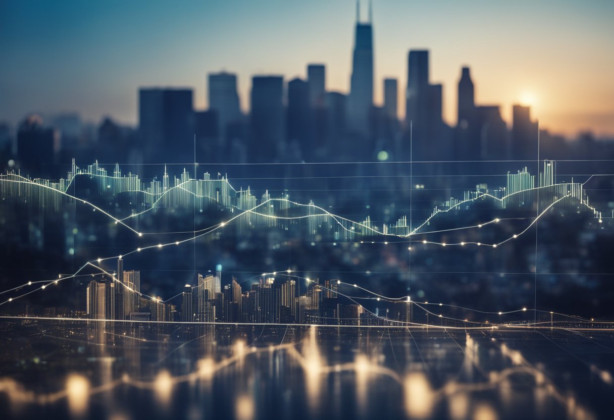 A bustling city skyline with graphs and charts superimposed, representing economic growth and market trends in private debt investing