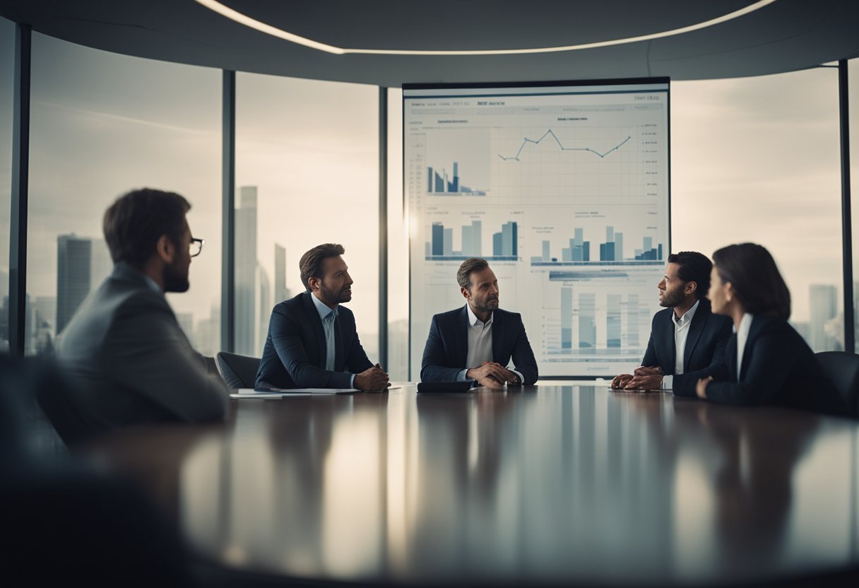 A group of investors discussing private debt deals in a modern office boardroom with charts and graphs displayed on a large screen