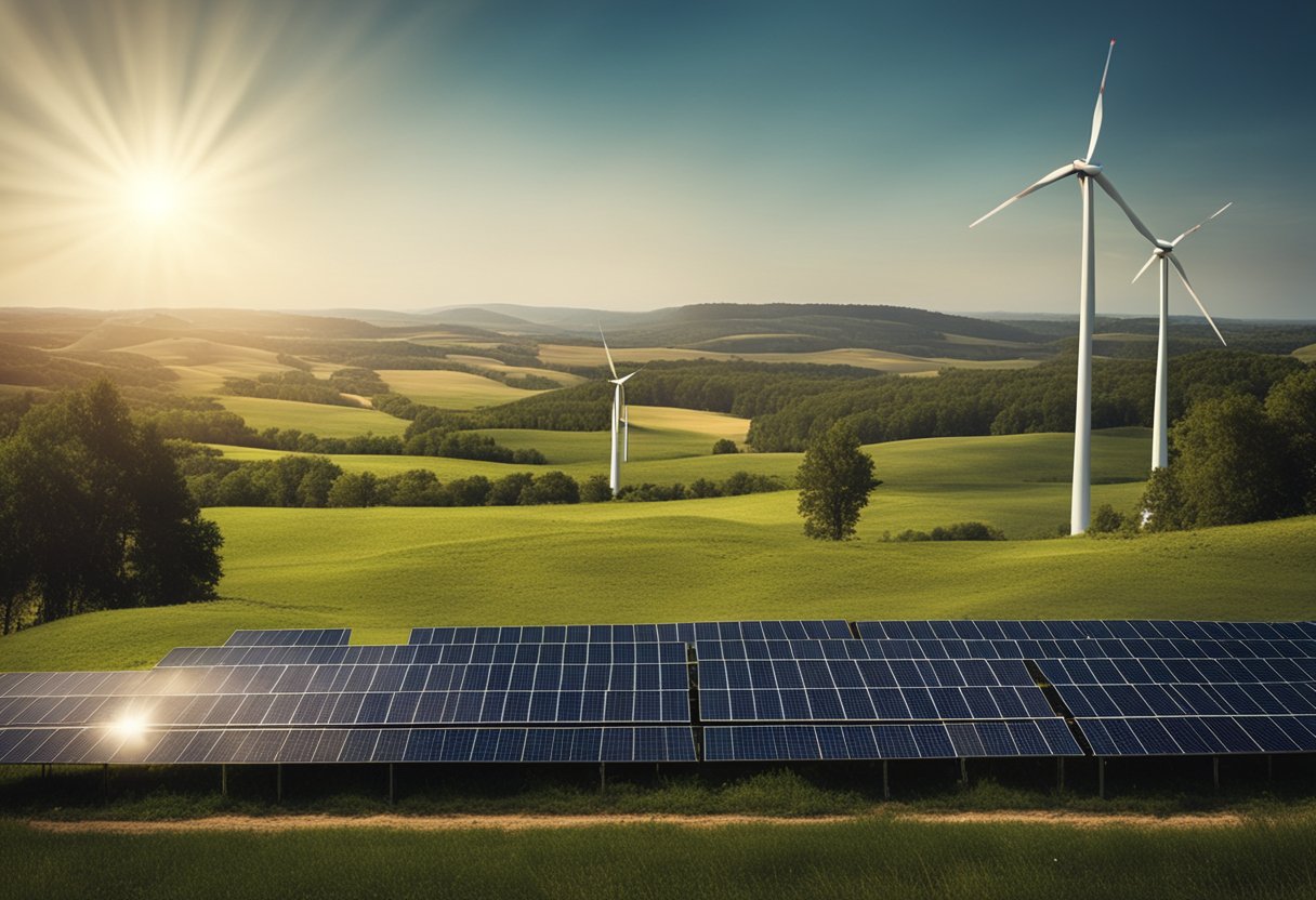 A sunny landscape with solar panels and wind turbines, surrounded by greenery and clear skies