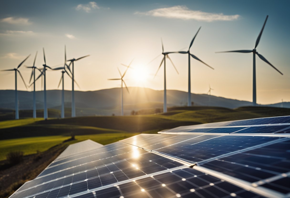 A bright sun shines over a wind farm and solar panels, symbolizing renewable energy investing. Graphs and charts show financial growth and potential