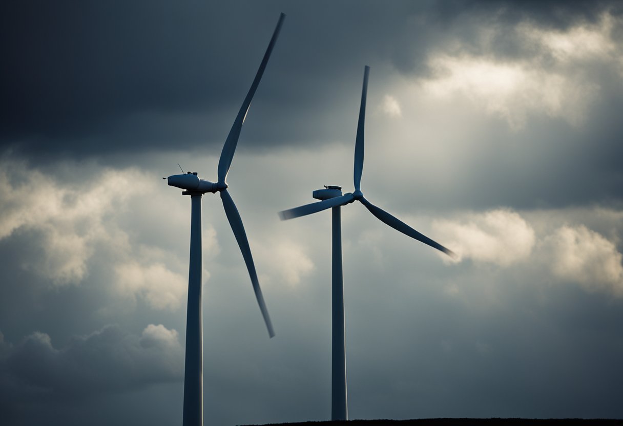 A wind turbine stands tall against a stormy sky, symbolizing the risks and challenges of renewable energy investing