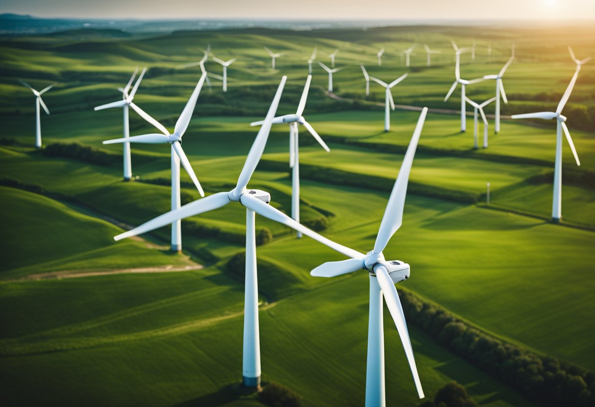A landscape with wind turbines and solar panels, surrounded by green fields and a clear blue sky