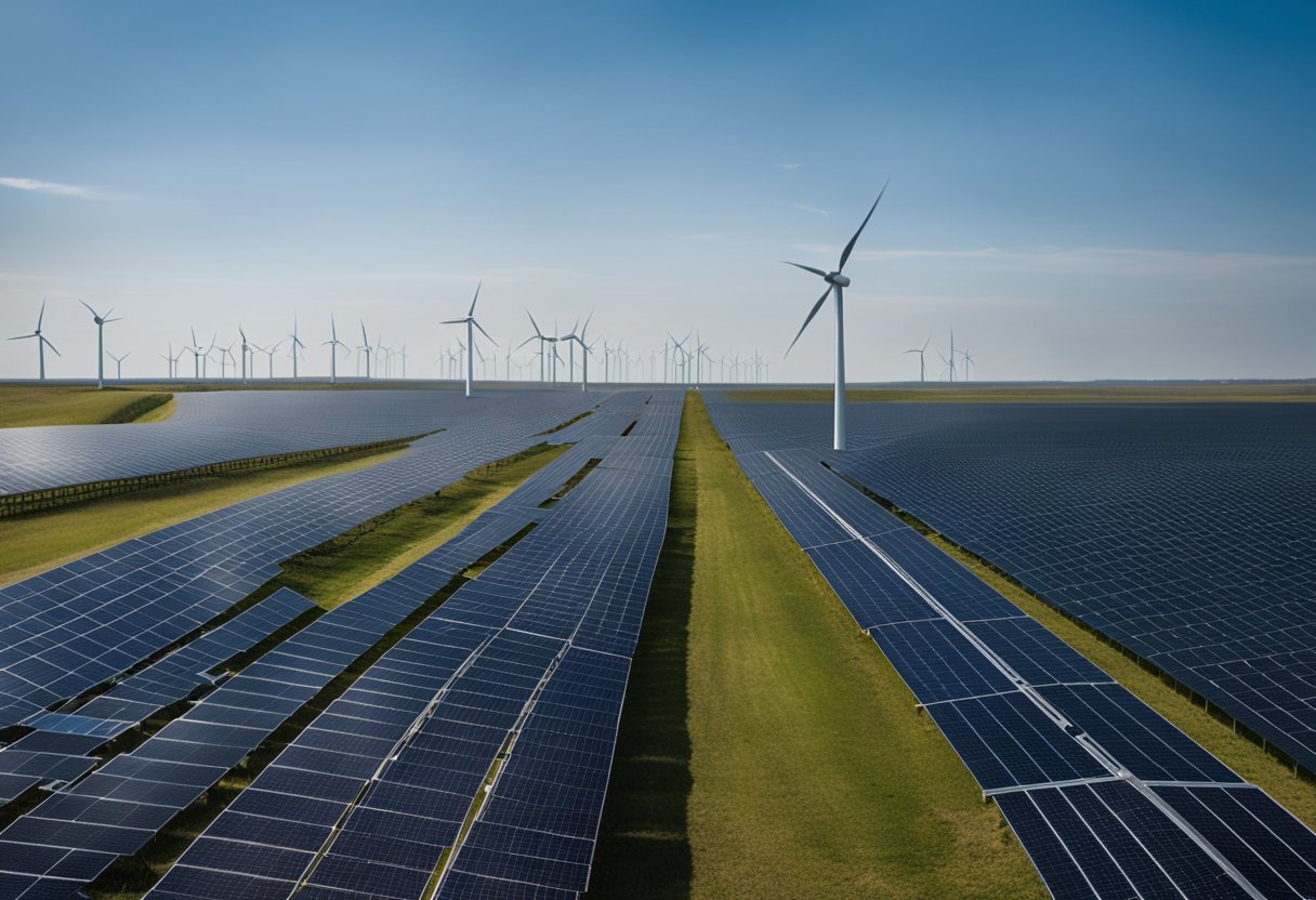 A field of solar panels stretches towards the horizon under a clear blue sky, with wind turbines turning in the distance