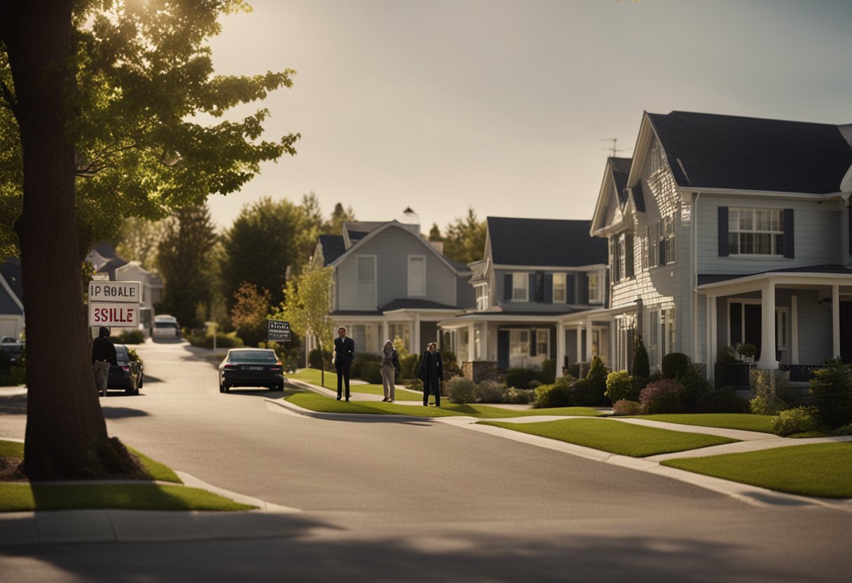 A suburban street with neat, single-family homes. A "For Sale" sign stands in front of one, while a real estate agent speaks with a potential buyer