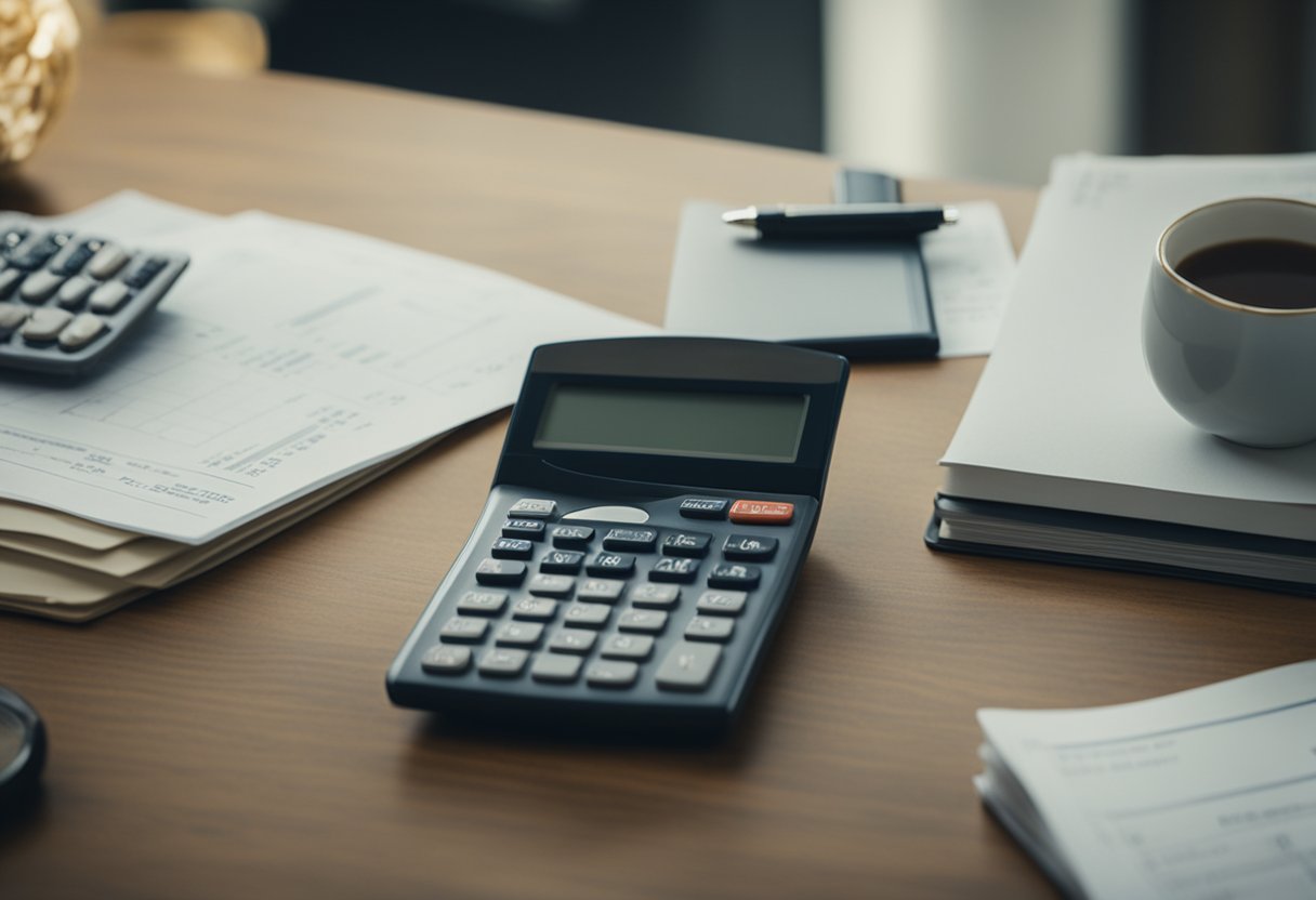 A table with a laptop, calculator, and paperwork. A stack of books on real estate investing. A chart showing investment growth. A key and house model symbolizing ownership. A sign with "Investing in Single-Family Homes" title