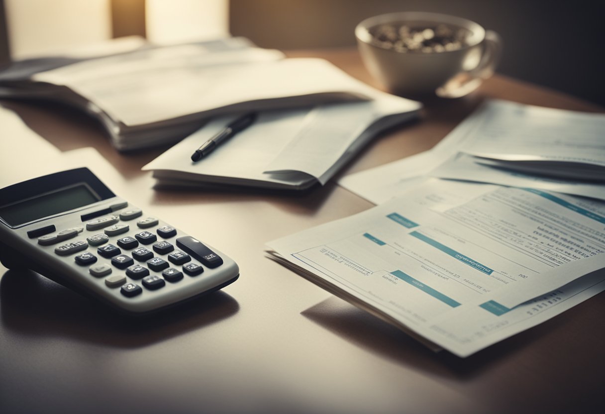 A desk with financial documents, calculator, and retirement brochures. A person contemplating their financial future
