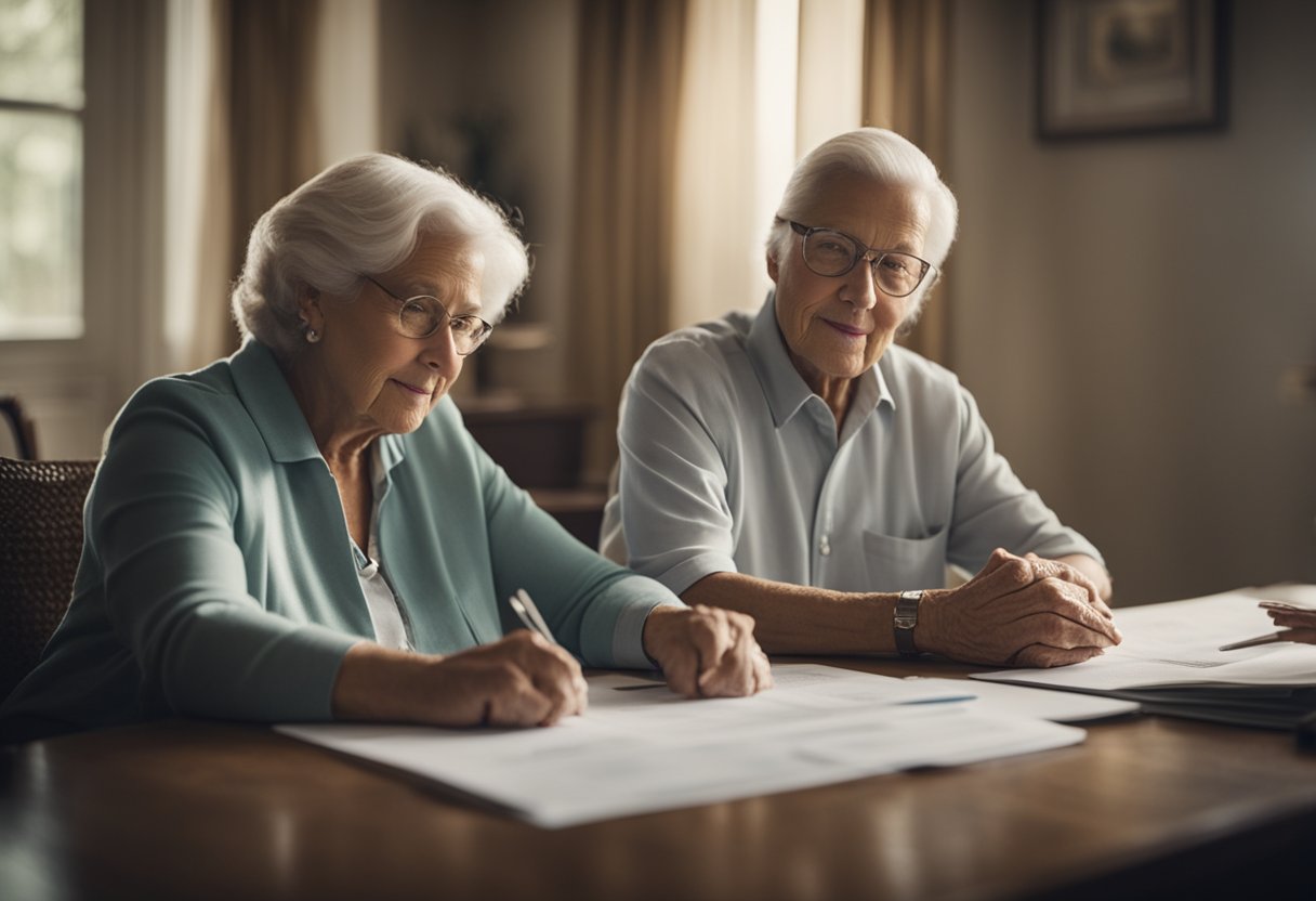 A serene elderly couple sits at a table, surrounded by paperwork and charts. They are discussing their retirement plan and healthcare options