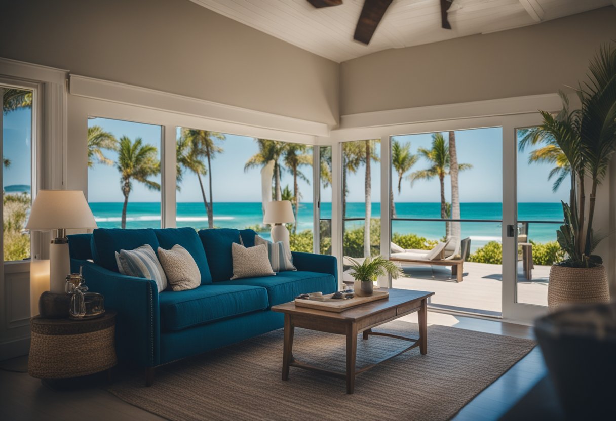 A serene beachfront vacation rental property with a cozy interior, surrounded by palm trees and a sparkling blue ocean