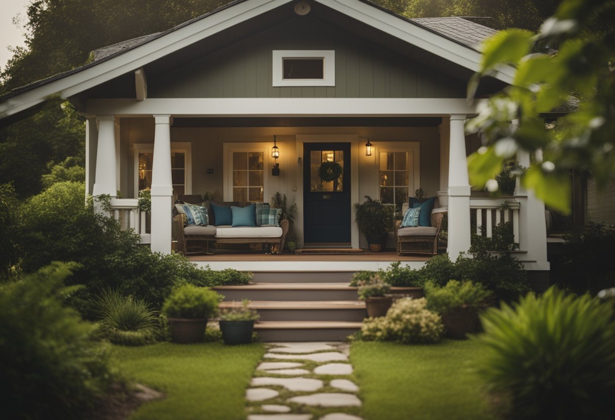 A cozy vacation rental property nestled in a scenic location with lush greenery, a charming exterior, and a welcoming front porch