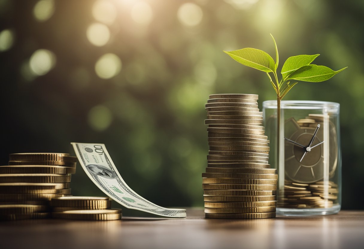 A stack of money grows on a tree, while a clock ticks in the background. A graph shows steady income over time