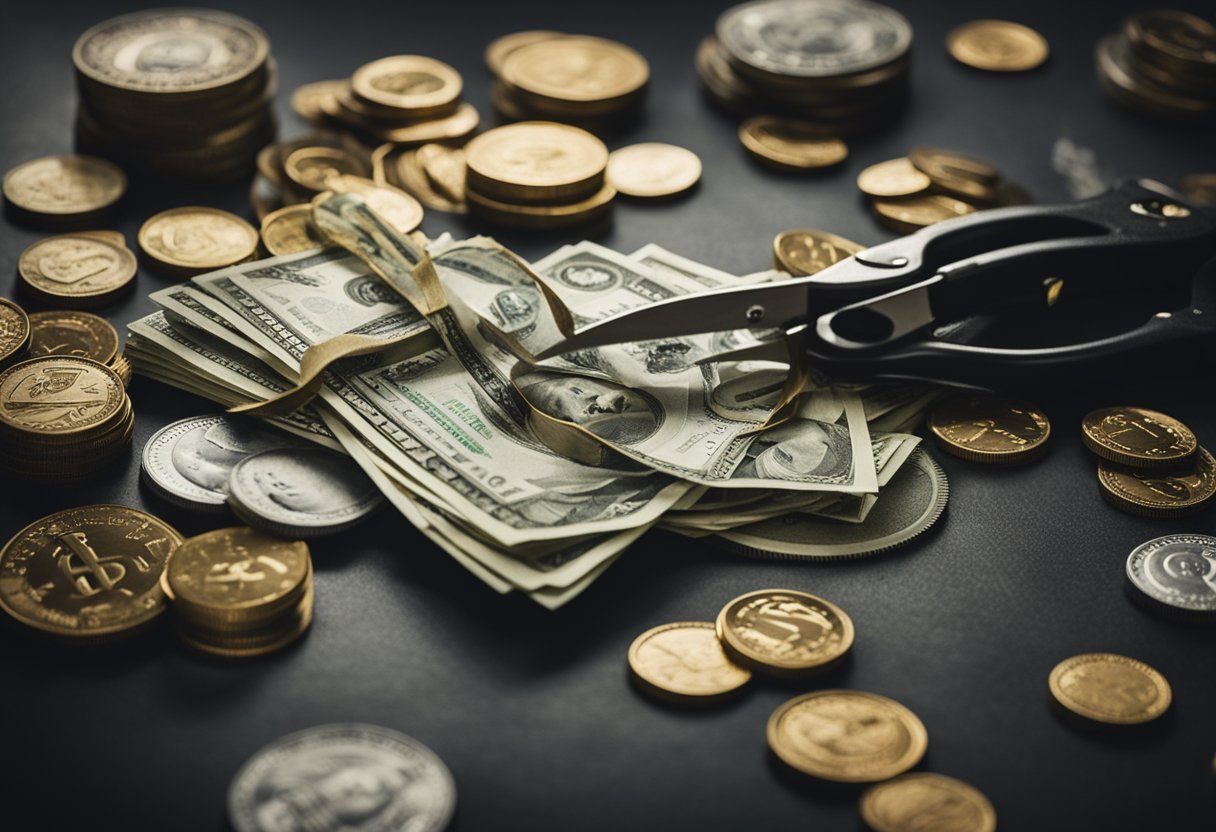 A pile of money being cut in half with a pair of scissors, surrounded by various financial symbols and icons