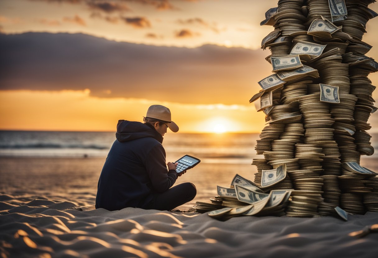 A person sitting on a beach, surrounded by piles of money and holding a retirement calculator. The sun is setting, symbolizing the idea of achieving financial freedom and retiring early
