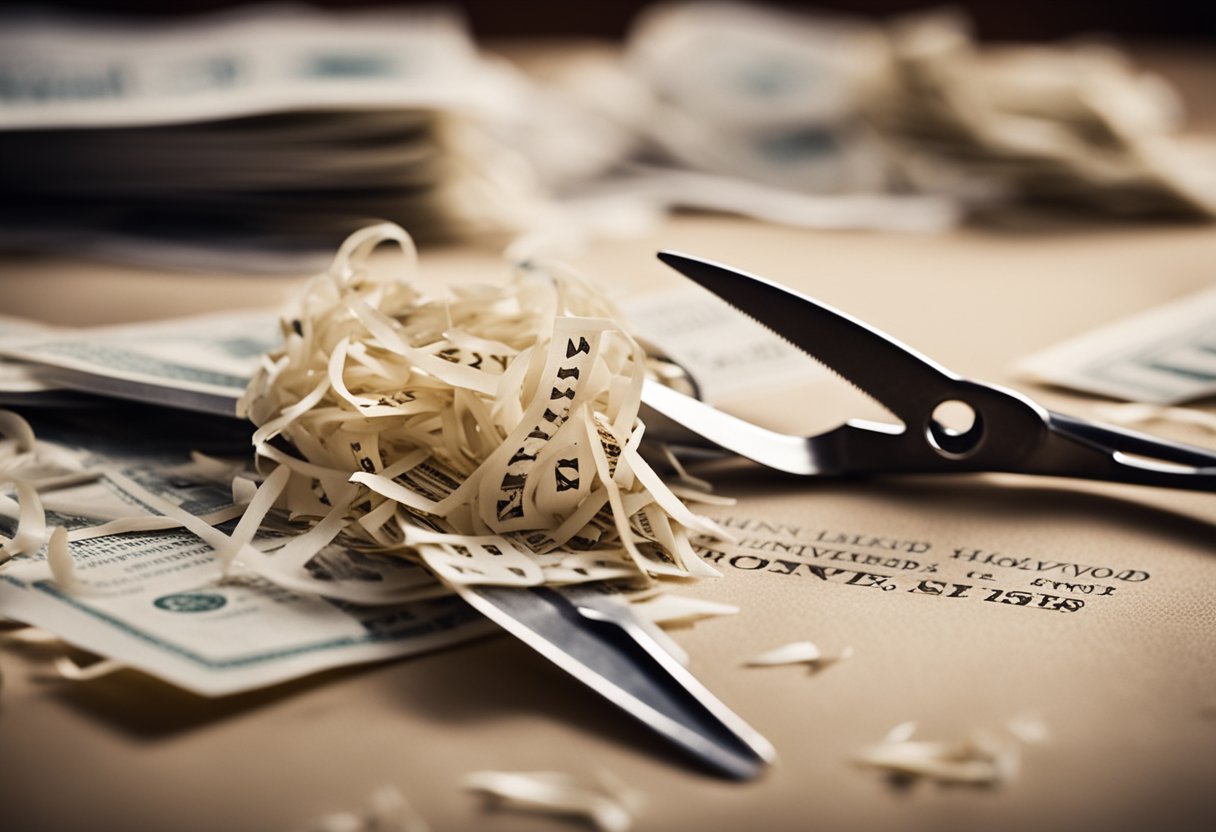 A stack of financial documents being shredded by a pair of scissors, with a "debunked" stamp on top