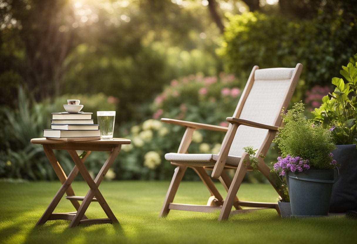 A serene garden with a comfortable chair, a stack of books, and a peaceful atmosphere, symbolizing the relaxation and learning that comes with retirement